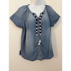 Vintage America Womens Peasant Blouse Size L Chambray Denim Blue Short Sleeve